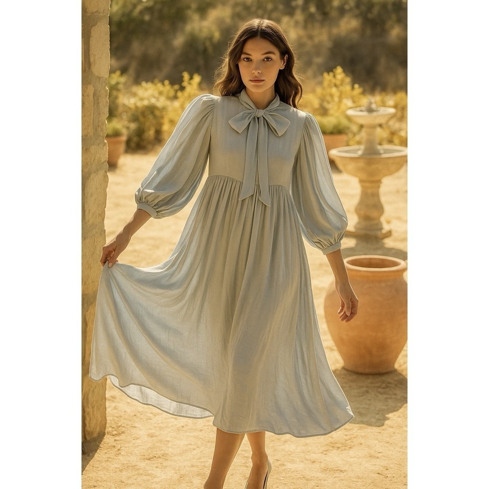Jen's Pirate Booty Dress XS Silver Silk Blend Puff Sleeve Shimmer Boho Maxi Gown